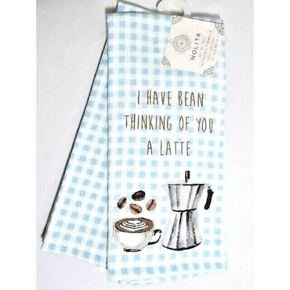 I Have Bean Thinking of You a Latte Kitchen Towels Coffee Blue White Check 2-Pc